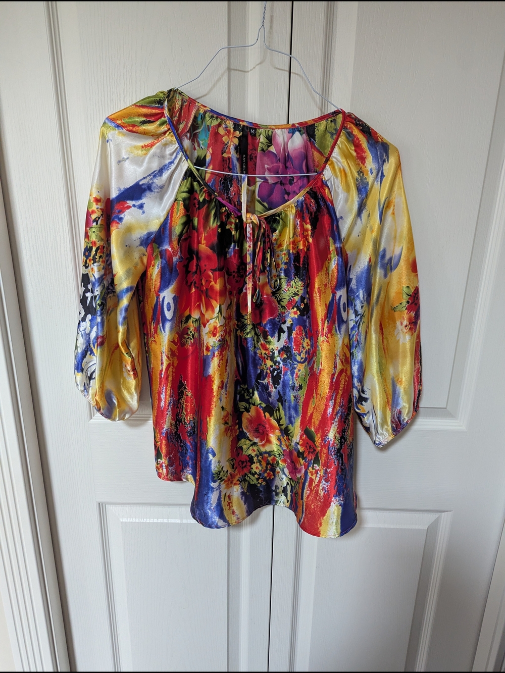 Vibrant Multicolor Floral Satin Peasant Blouse